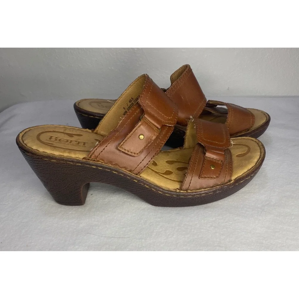 Born Slide Sandals Womens 9 Brown Leather Wedge Adjustable Straps cottagecore‎